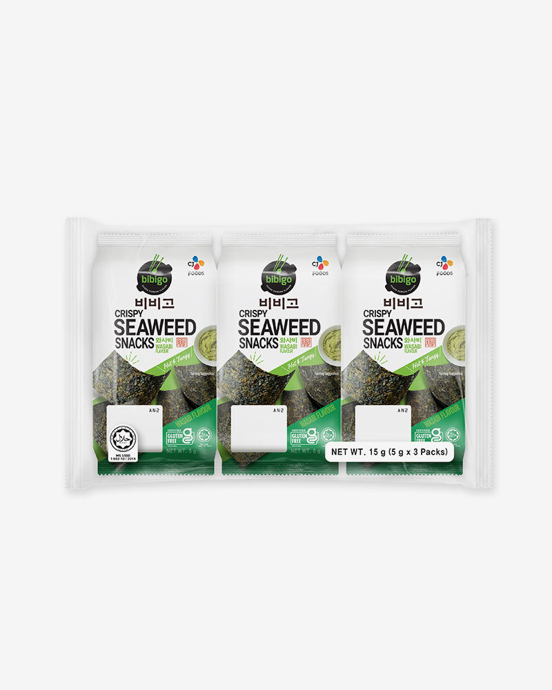 CJ bibigo CRISPY SEAWEED – WASABI FLAVOUR (Porphyra tenera)(5G*3)*12 / 비비고 스낵김 와사비